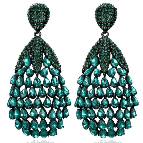 Carbon Black with Emerald Austrian Crystal Teardrop Chandelier Post Earrings - Picture 1 of 5